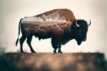 Bison And Great Plains Merged In A Double Exposure Artwork, A Unique Vision Of Wilderness By Generative AI