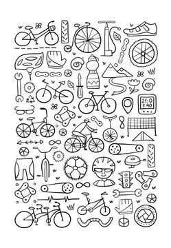 Fototapete -  - Bicycle time. Types of bicycles, tools and spare parts. Vertical frame for your design - print, cards, t-shirts etc