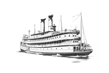Large Steamboat Retro Hand Drawn Engraving Style. Vector Illustration Design.