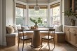 © create interior - A cozy and inviting breakfast nook with a round table and comfortable seating, perfect for morning coffee. Generative AI