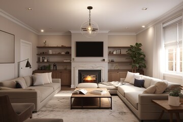 A cozy and inviting family room with a plush sectional and a statement fireplace, perfect for cozy evenings at home. Generative AI