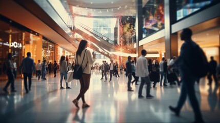 Wall Mural - Fast moving energetic crowd movement, motion blurred people walking with long exposure, motion speed blur. Generative AI