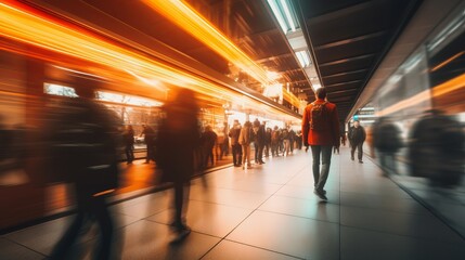 Wall Mural - Fast moving energetic crowd movement, motion blurred people walking with long exposure, motion speed blur. Generative AI