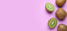Fresh Kiwi Fruit On Lilac Background With Space For Text, Top View