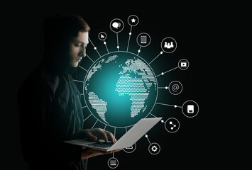 Man with laptop and digital model of planet Earth on dark background. Concept of internet