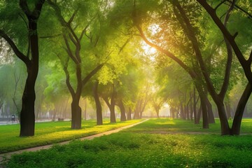 Wall Mural - Beautiful public park with green grass field on morning light Created with Generative AI technology.