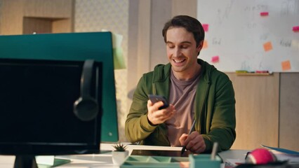 Wall Mural - Inspired man answering cellphone call office close up. Designer drawing tablet