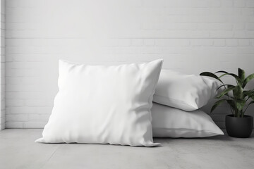 Mockup template with white pillows. White goose feather pillows on decorated background. Pillow bed 3d modelling. Realistic 3D illustration. Generative AI