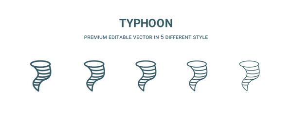 Poster - typhoon icon in 5 different style. Thin, light, regular, bold, black typhoon icon isolated on white background.