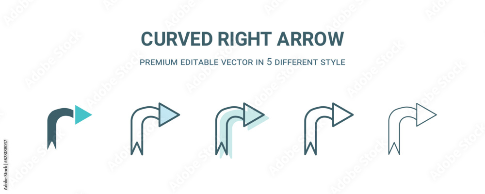 curved right arrow icon in 5 different style. Outline, filled, two ...