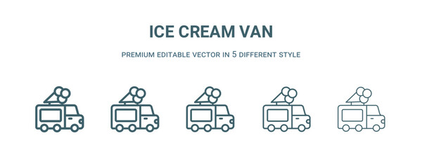 Sticker - ice cream van icon in 5 different style. Thin, light, regular, bold, black ice cream van icon isolated on white background.