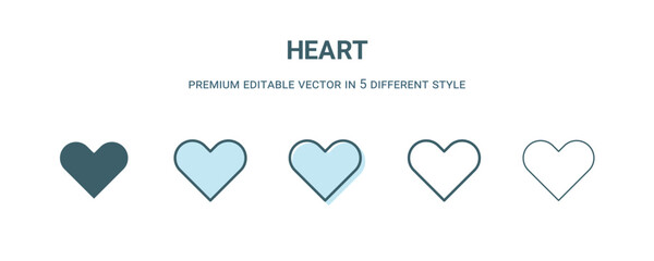 Wall Mural - heart icon in 5 different style. Outline, filled, two color, thin heart icon isolated on white background. Editable vector can be used web and mobile