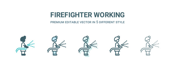 Sticker - firefighter working icon in 5 different style. Outline, filled, two color, thin firefighter working icon isolated on white background. Editable vector can be used web and mobile