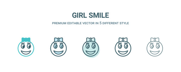 Sticker - girl smile icon in 5 different style. Outline, filled, two color, thin girl smile icon isolated on white background. Editable vector can be used web and mobile