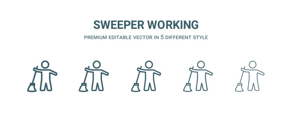 Poster - sweeper working icon in 5 different style. Thin, light, regular, bold, black sweeper working icon isolated on white background.