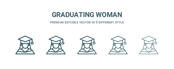 Wall Mural - graduating woman icon in 5 different style. Thin, light, regular, bold, black graduating woman icon isolated on white background.