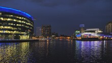 Manchester,england 01/09/2019:establishing Shot Of Manchester Salford Quays Illuminated At Night