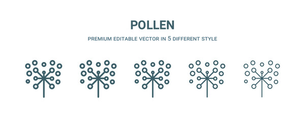 Sticker - pollen icon in 5 different style. Thin, light, regular, bold, black pollen icon isolated on white background.