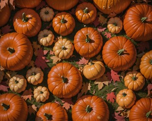 autumn background with pumpkins and fall leaves on rustic wooden table