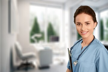 Canvas Print - Doctor woman posing in hospital, medicine concept, AI generated image