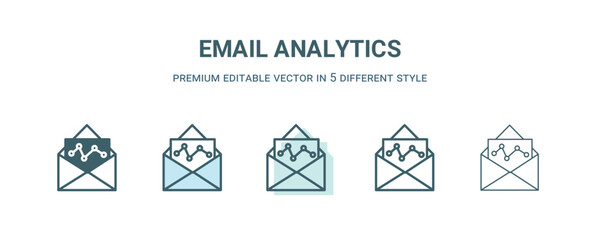 Sticker - email analytics icon in 5 different style. Outline, filled, two color, thin email analytics icon isolated on white background. Editable vector can be used web and mobile