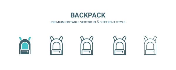 Wall Mural - backpack icon in 5 different style. outline, filled, two color, thin backpack icon isolated on white