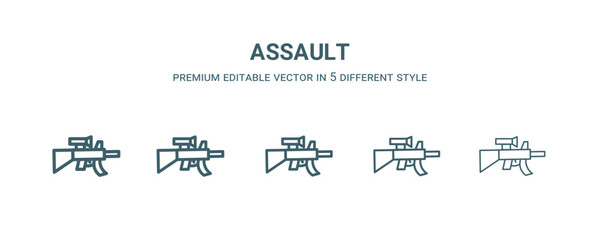 Wall Mural - assault icon in 5 different style. Thin, light, regular, bold, black assault icon isolated on white background.