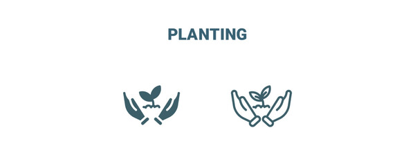 Poster - planting icon. Line and filled planting icon from agriculture and farm collection. Outline vector isolated on white background. Editable planting symbol