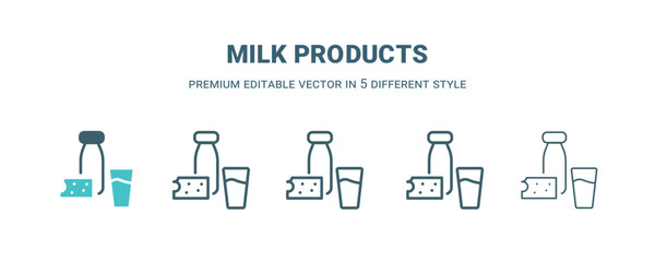 Wall Mural - milk products icon in 5 different style. Outline, filled, two color, thin milk products icon isolated on white background. Editable vector can be used web and mobile