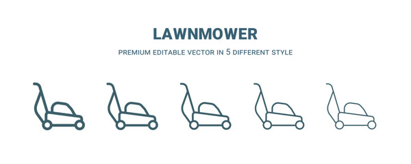 Wall Mural - lawnmower icon in 5 different style. Thin, light, regular, bold, black lawnmower icon isolated on white background.