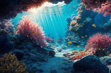 Colorful underwater reef landscape and sea creatures on the blue ocean floor