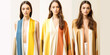 Vibrant trio of fashion-forward women in bold, harmonious colors, mirroring each others poses against a minimalist white background. Emphasizes symmetry. Generative AI