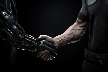 Wall Mural - robotic and human arms interact with each other. handshake between human and artificial intelligence