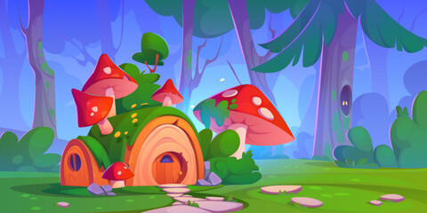 Wall Mural - Fairytale house on green forest glade. Vector cartoon illustration of fantasy wooden hut with door, porch and round windows, mushrooms and moss on roof, stone footpath. Spooky eyes in tree hollow