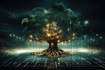 Digital tree with glowing connection lines in branches. Technology environment. Internet communication and information storage concept