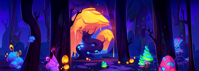 Wall Mural - Mysterious forest landscape with fantastic plants glowing in night darkness. Vector cartoon illustration of magic tree, mushrooms and flowers growing on glade. Nature on alien planet. Game background