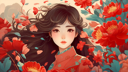 Poster - Hand-drawn cartoon beautiful illustration of a girl in ancient Chinese costume among flowers