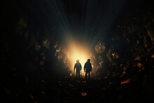 Silhouette Of Miner With Headlights Entering Underground Mine