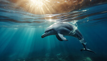 Underwater World Dolphin At The Bottom Of The Ocean Close Up Sunlight Shine Through Water Made With Generative AI