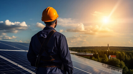 Wall Mural - engineer in a helmet on the background of photovoltaic panels.