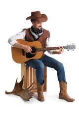 Wall Mural - Handsome cowboy playing guitar on white background