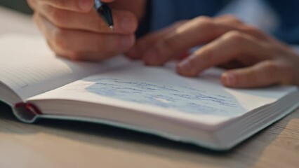 Wall Mural - Creator fingers opening notebook table workplace close up. Author hands writing