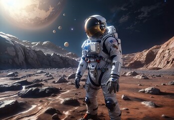 Astronaut in a spacesuit standing on the surface alien planet