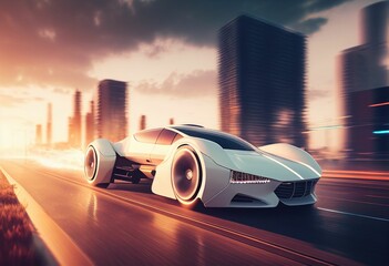 Wall Mural - Electric sport car running on the morning road in future city Created with Generative AI technology.