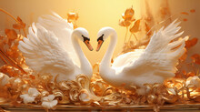 3D Beautiful Two Swans Looking At Each Other With Gold Wallpaper