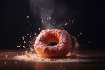 Donut expressive shot with topping and sugar powder splash. Tasty donut food styling image.