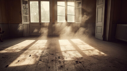 Wall Mural - Dusty room with old distressed windows and sun rays. Abandoned grungy interior with lights in the dust.