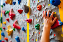 Close Up Boy Hand On A Climbing Wall . Healthy Lifestyle Concept.	