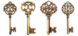 Assorted vintage ornate brass keys on transparent PNG background.