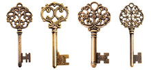Assorted Vintage Ornate Brass Keys On Transparent PNG Background.